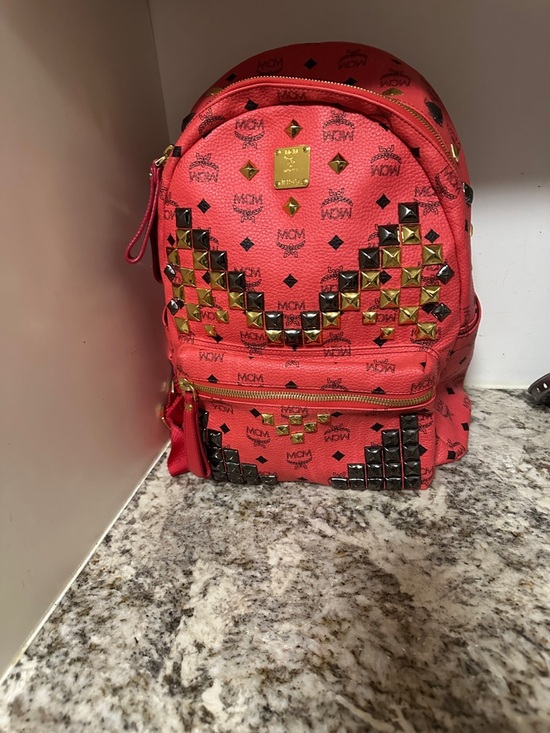 MCM Handbags - MCM Red Studded Logo Stark Backpack